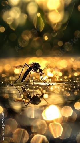 A mosquito perched on water at sunset with a golden bokeh effect photo