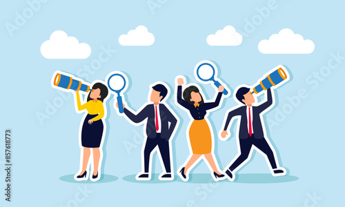 Search for opportunities: new job, research, SEO analysis, career development, concept of business people with binoculars, telescope.