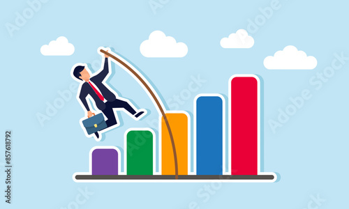 Business growth high earnings and profit increase, financial success post recovery, concept of A businessman pole vaults over a growing bar graph
