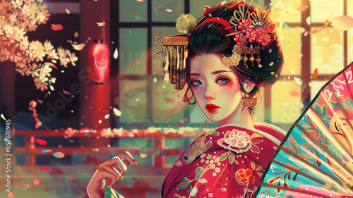 Glamorous Japanese Geisha Illustration photo