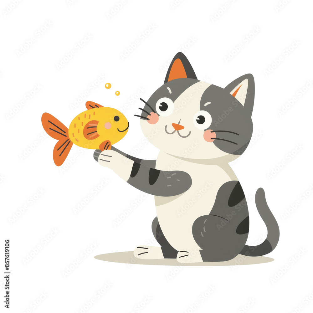 Cute illustration of a gray and white cat playing with a fish, perfect for children's books and playful design elements. Isolated on transparent background. Cute illustration of a gray and white cat playing with a fish, perfect for children's books and playful design elements. Isolated on transparent background.
