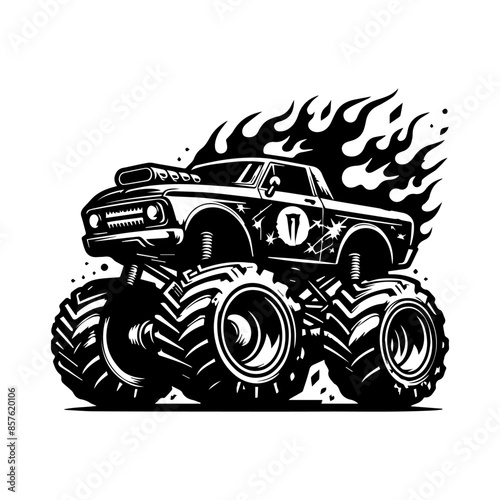 monster car and flame logo design for t-shirt clothing brand. T-shirt logo design concept