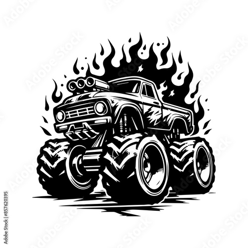 monster car and flame logo design for t-shirt clothing brand. T-shirt logo design concept