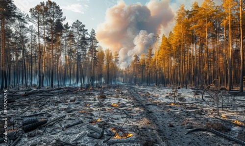 A once lush forest now turned into a desolate area with charred trees and ash-covered ground after a severe wildfire