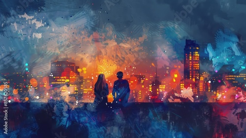 A couple is sitting on a rooftop looking out over a city. The sky is dark and the city is lit up with lights. Scene is romantic and peaceful © peerasak