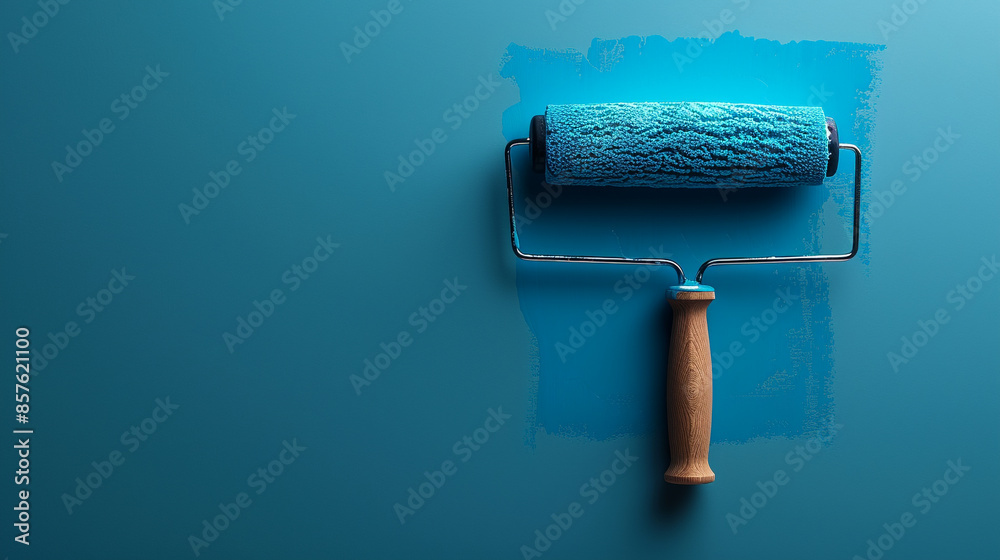 Obraz premium a paint roller and can with a blue wall background