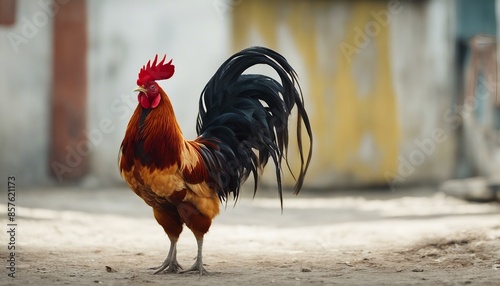 A colorful and large rooster with red plumage stands prominently in the foreground, surrounded by a mostly white environment. photo