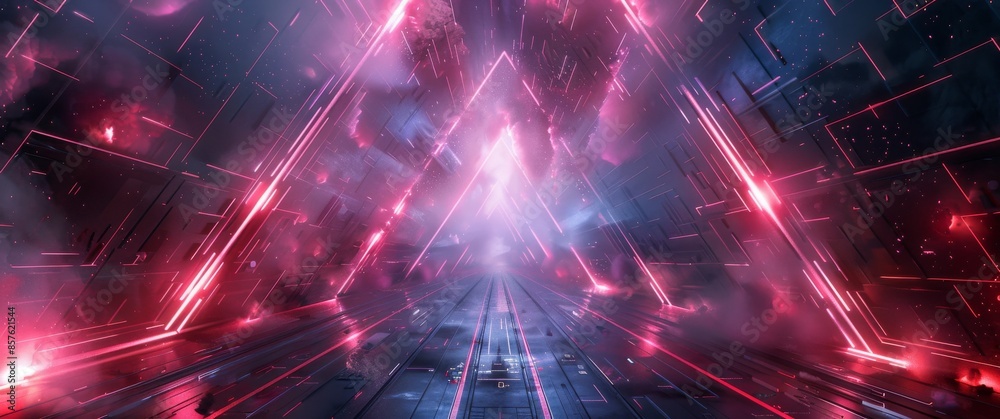 Vibrant Escape: Futuristic Sci-Fi Triangle Tunnel Illustrated in Playful Doodle and Halftone Style