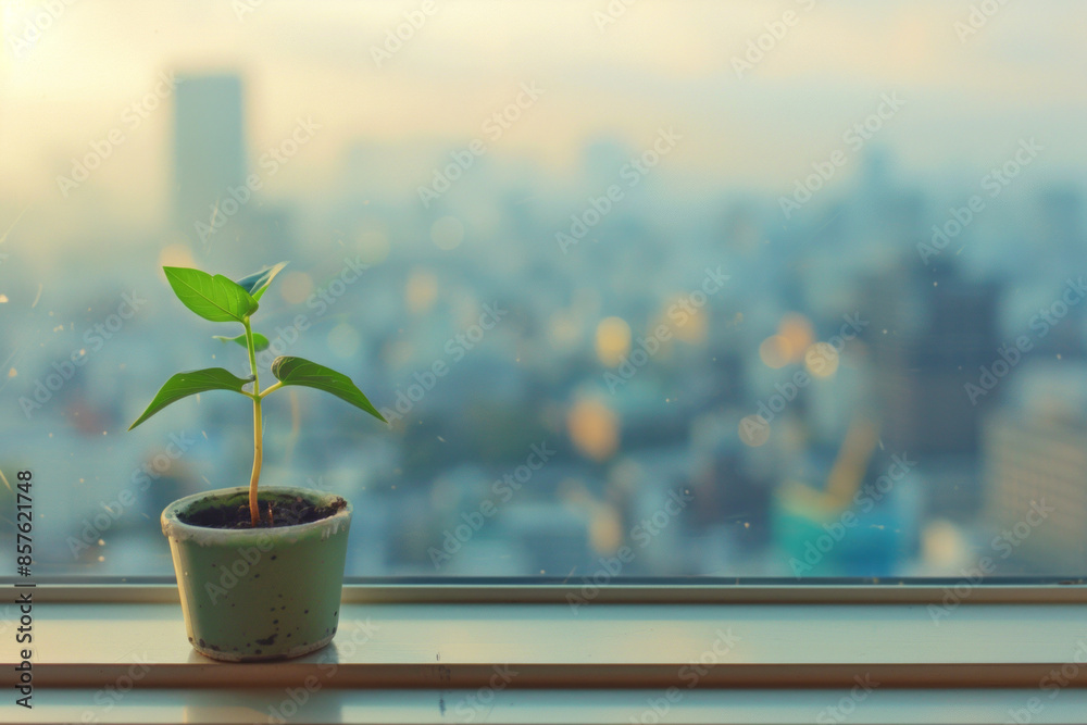A tiny house plant growing on a windowsill overlooking a sprawling cityscape A tiny house plant growing on a windowsill overlooking a sprawling cityscape