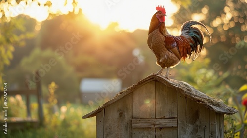 Rooster on wooden coop roof at sunrise