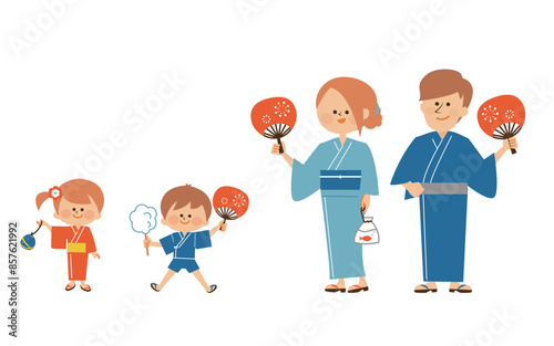 日本の夏祭り　盆踊り　浴衣を着て笑顔で立つ家族のイラスト