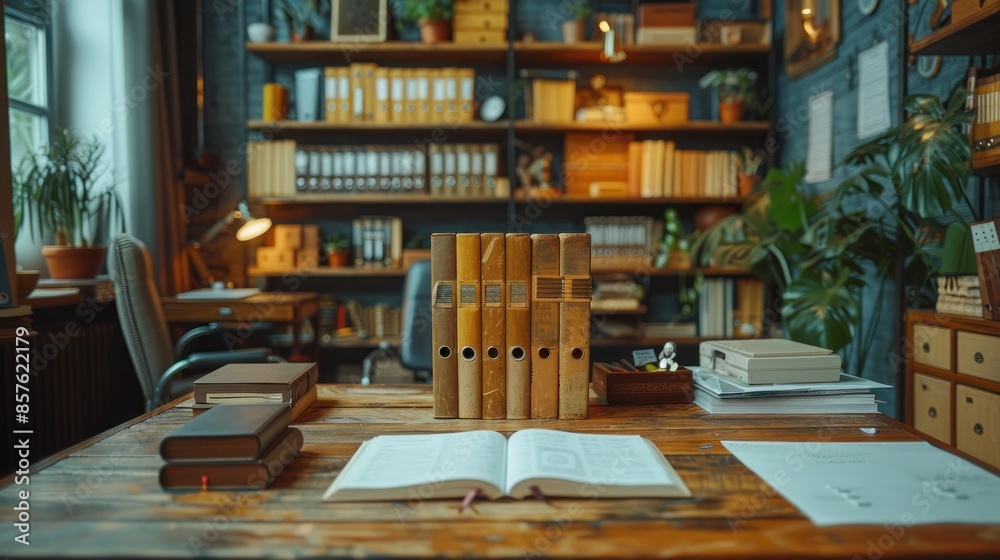 A Wooden Desk in a Room with a Bookshelf and Plants A Wooden Desk in a Room with a Bookshelf and Plants