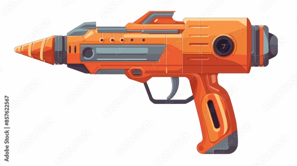 Orange laser gun on white background with black dot in the middle futuristic weapon concept for scifi and technology industry Orange laser gun on white background with black dot in the middle futuristic weapon concept for scifi and technology industry