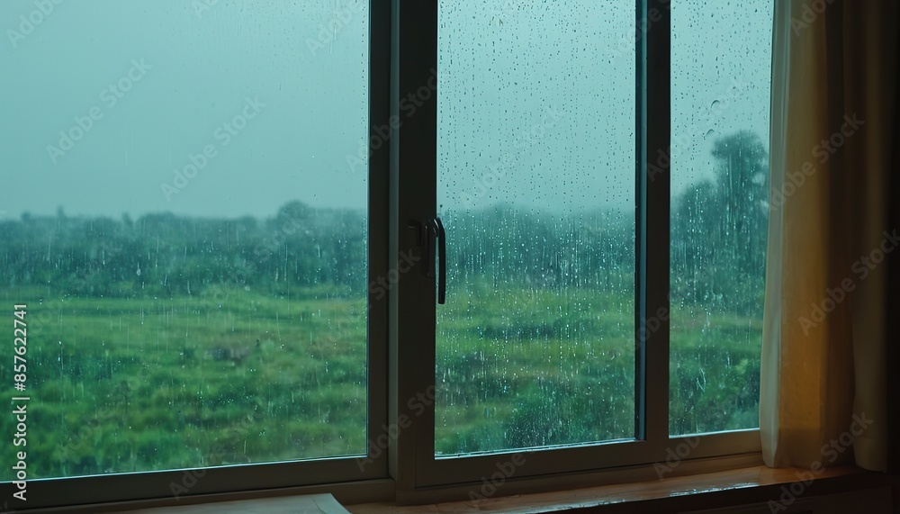 Rain drop on glass window with green plant outside home
Rain drop on glass window with green plant outside home