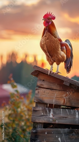 Rooster standing on wooden fence at dawn photo
