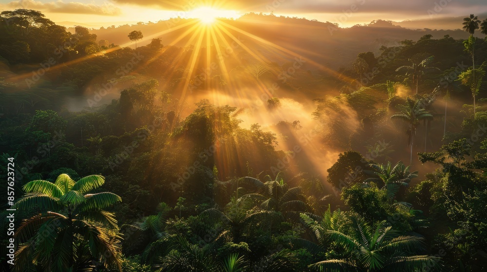 Radiant sunburst through dense, misty forest canopy at sunrise Radiant sunburst through dense, misty forest canopy at sunrise