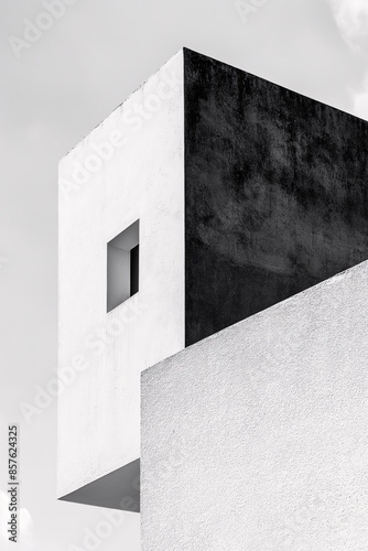 Minimalist black and white architecture photo of a modern building with striking geometric shapes and contrasting textures.