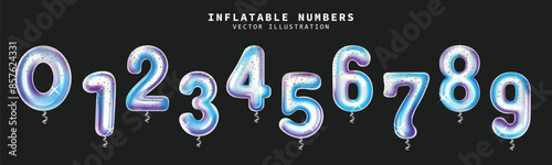 Number balloons set vector design. Balloons numbers inflatable elements collection isolated in black for birthday and anniversary celebration occasion decoration design. Vector illustration inflatable
