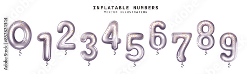 Balloons silver number vector set design. Inflatable balloon numbers collection isolated in white background for birthday celebration elements decoration. Vector illustration inflatable set.
