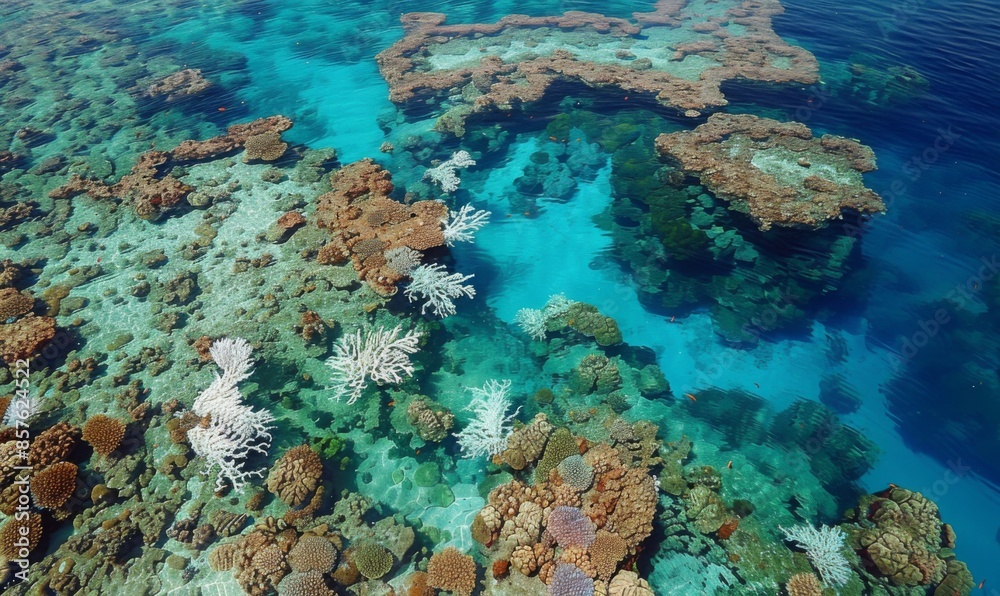 Fototapeta premium An aerial view of a coral reef suffering from bleaching, with vast areas of white, lifeless corals contrasted against patches of healthy ones
