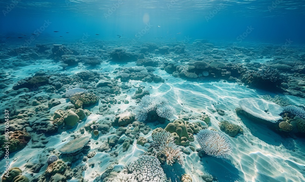 Fototapeta premium An aerial view of a coral reef suffering from bleaching, with vast areas of white, lifeless corals contrasted against patches of healthy ones