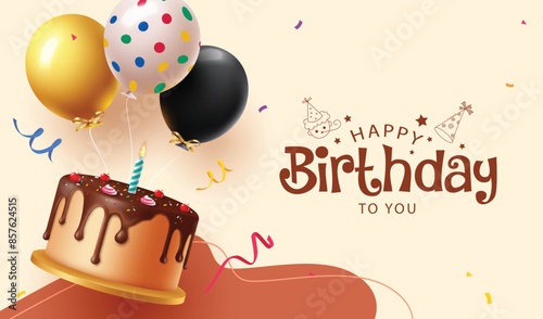 Happy birthday greeting vector design. Birthday invitation card with floating chocolate cake, balloons and confetti elements in abstract background. Vector illustration greeting card design.  
