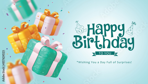 Happy birthday greeting vector design. Birthday gift boxes surprise elements with greeting text for kids invitation card background. Vector illustration celebration card design. 
