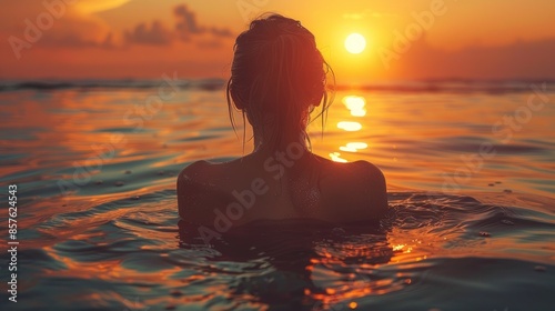 Silhouette of a Woman Swimming at Sunset © Dzikir
