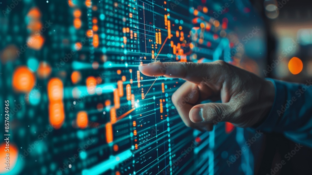 Strategic Insights: Businessman's Hand Pointing at Financial Graph on Digital Screen Strategic Insights: Businessman's Hand Pointing at Financial Graph on Digital Screen