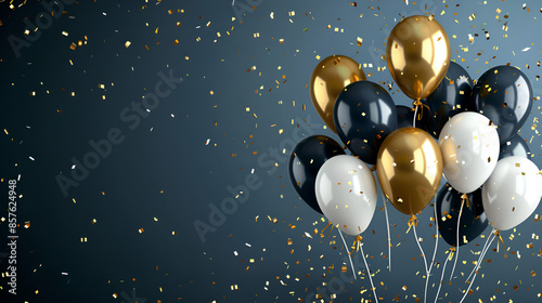 globos de helio en colores elegantes y sofisticados flotando sobre un fondo liso azul marino con destellos dorados con espacio para copiar 