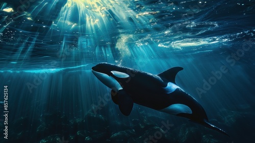 Orca swimming underwater with sunlight shining through