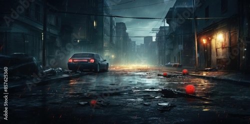 crime scene background featuring a black car parked in front of a tall building, with a red and orange cone in the foreground photo