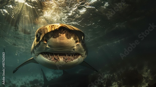 A close-up of a great white shark underwater