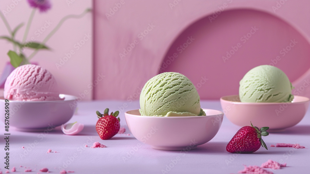 Strawberry, vanilla, and matcha ice cream in a bowl, pastel pink and purple background. Strawberry, vanilla, and matcha ice cream in a bowl, pastel pink and purple background.