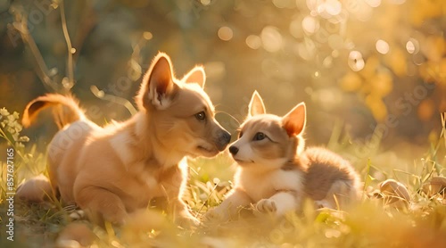 A cute couple of furry friends little cat and a mischievous little dog, are playing together in the garden on a beautiful sunny day photo