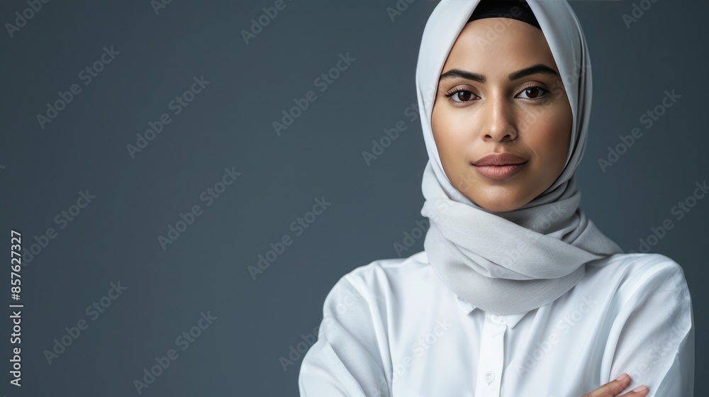 Beautiful young Islamic woman in white hijab wearing white shirt crossing arms on gray background. Beautiful young Islamic woman in white hijab wearing white shirt crossing arms on gray background.
