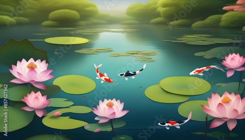 A peaceful pond surrounded by blooming lotus flowers, with koi fish swimming gracefully beneath the water's surface. photo