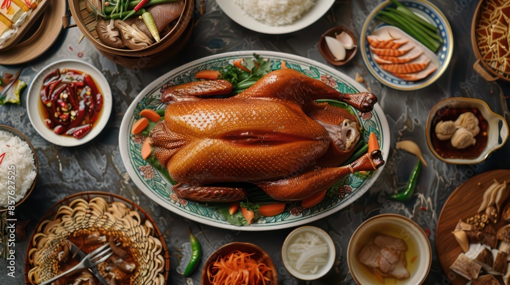 Roast goose stuffed with baked apples in a skillet on a dark wooden background, festive christmas recipe. Top view with copy space. Roast goose stuffed with baked apples in a skillet on a dark wooden background, festive christmas recipe. Top view with copy space.