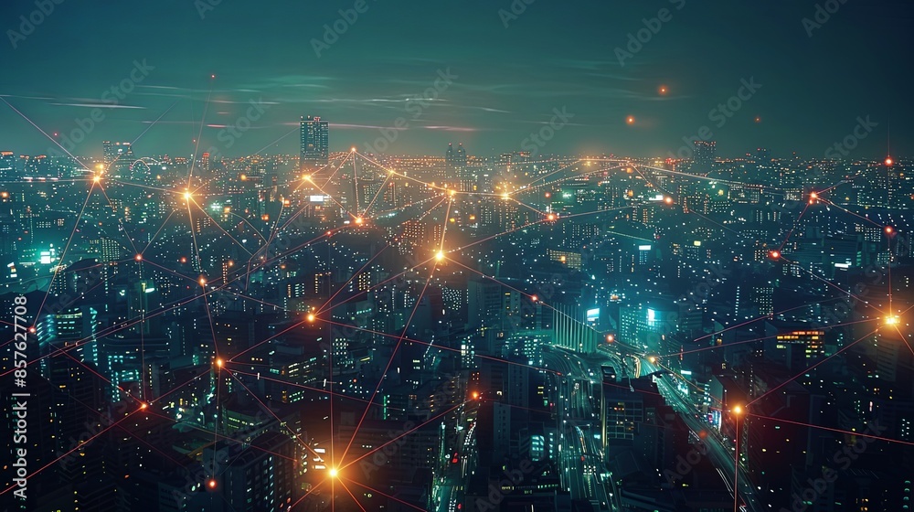 A vast night cityscape highlighting a sprawling urban area with illuminated buildings and intricate digital light networks, representing technological interconnectedness and progress. A vast night cityscape highlighting a sprawling urban area with illuminated buildings and intricate digital light networks, representing technological interconnectedness and progress.