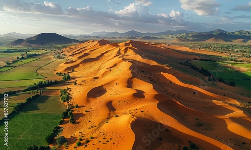 A desertification scene with once fertile land now turned into barren desert, with sand dunes encroaching on former agricultural fields