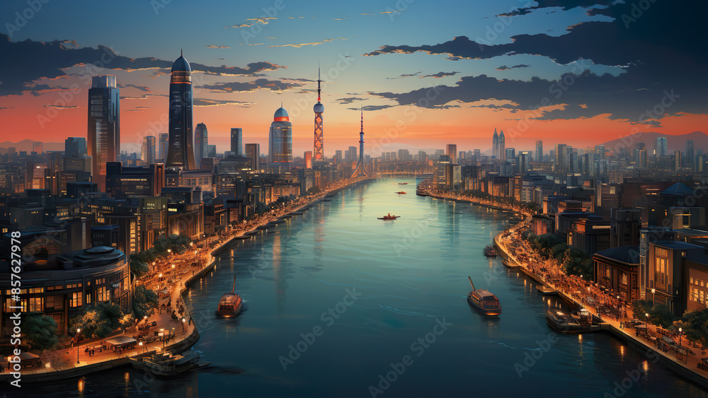 Fototapeta premium Osaka - Japan, Asia, City, Cartoon, Poster Style