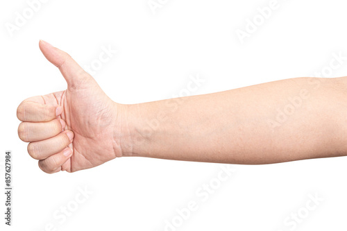 Male hand showing thumbs up sign isolated on white background.