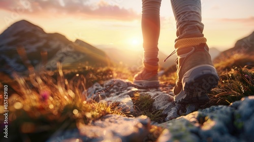 A happy traveler takes a leisurely hike through the mountain wilderness at sunset, their footsteps echoing against the rocky terrain as they soak in the beauty of their surroundings, with the serene © kitipol