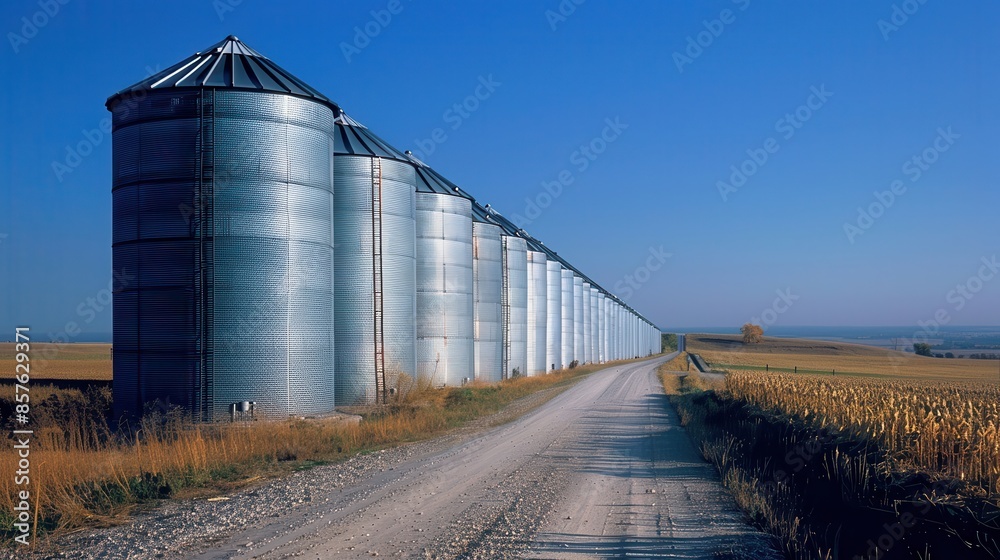 Obraz premium Silos line a dirt road in a rural setting