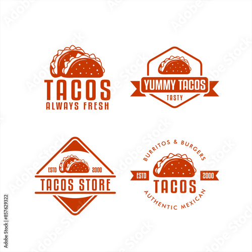 Set of taco logo, badges, banners, emblem label sticker for mexican fast food restaurant Vector illustration.