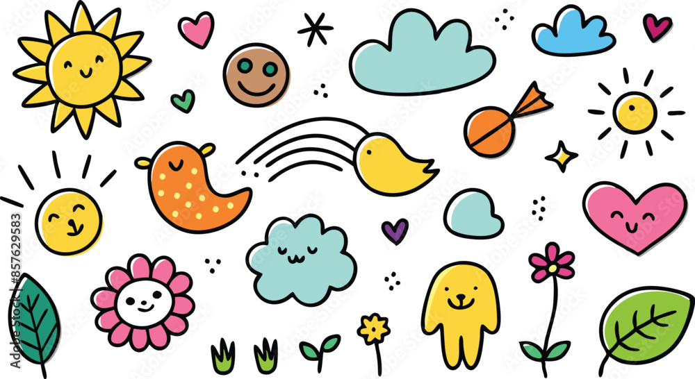 A cartoon drawing of different clouds and birds. A cartoon drawing of different clouds and birds.