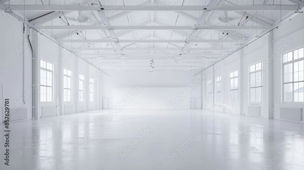 Spacious white warehouse with a minimalistic design and an empty, open floor plan, set against a pure white background. Spacious white warehouse with a minimalistic design and an empty, open floor plan, set against a pure white background.