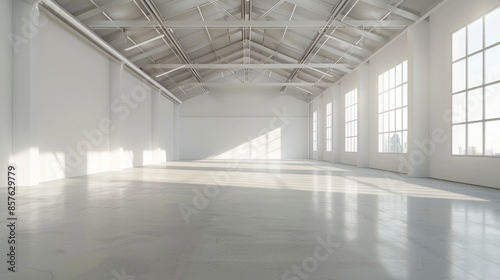 Spacious white warehouse with a minimalistic design and an empty, open floor plan, set against a pure white background.