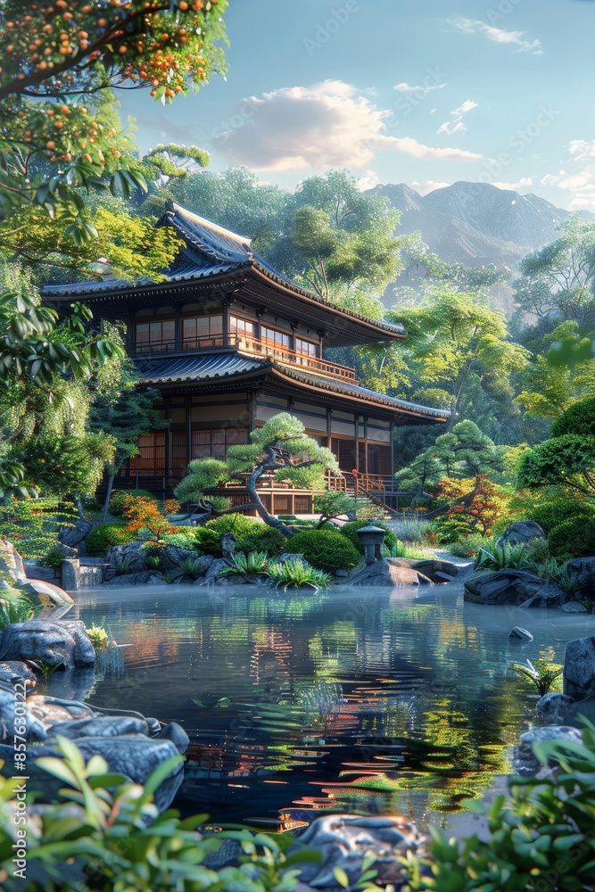 Enchanting 3D Render of Tranquil Japanese Garden with Traditional Architecture in Cartoon Style Enchanting 3D Render of Tranquil Japanese Garden with Traditional Architecture in Cartoon Style