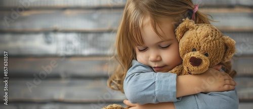 A little girl lovingly embraces her teddy bear, showing comfort and innocence against a rustic wooden background.